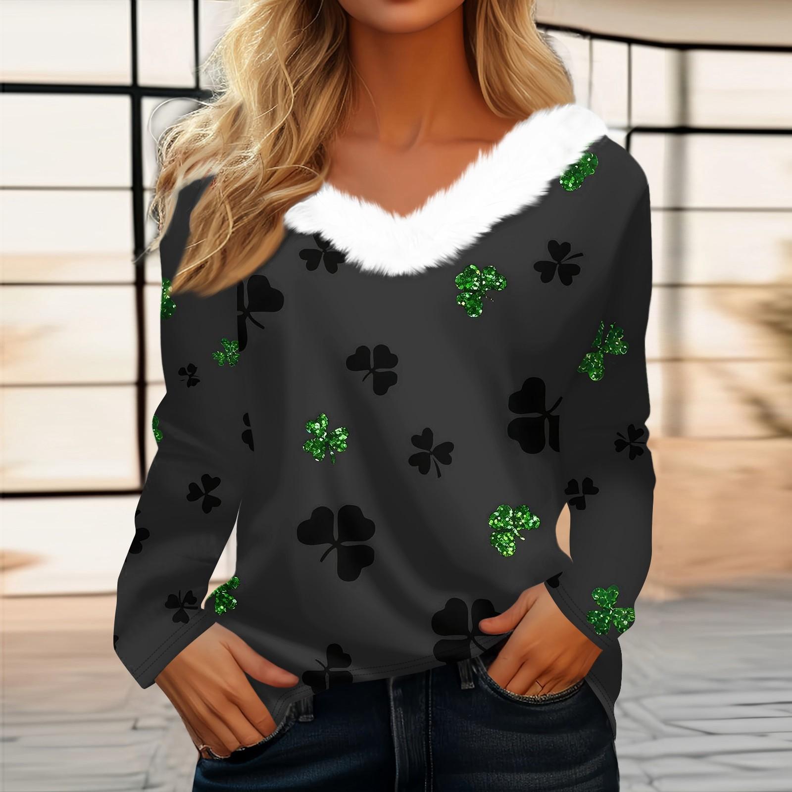 

Women s Loose Casual Long Sleeved Printed Plush Collar V Neck Top, Long Sleeved Top M