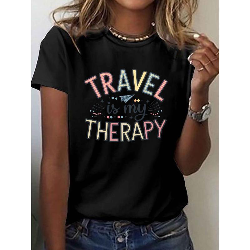 

Women s Travel Is My Therapy T-Shirt Casual Crew Neck Short Sleeve Top 4XL чорний