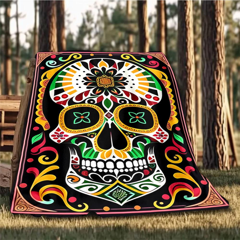1pc Sugar Skull Artwork Print Outdoor Blanket, Lightweight Polyester,