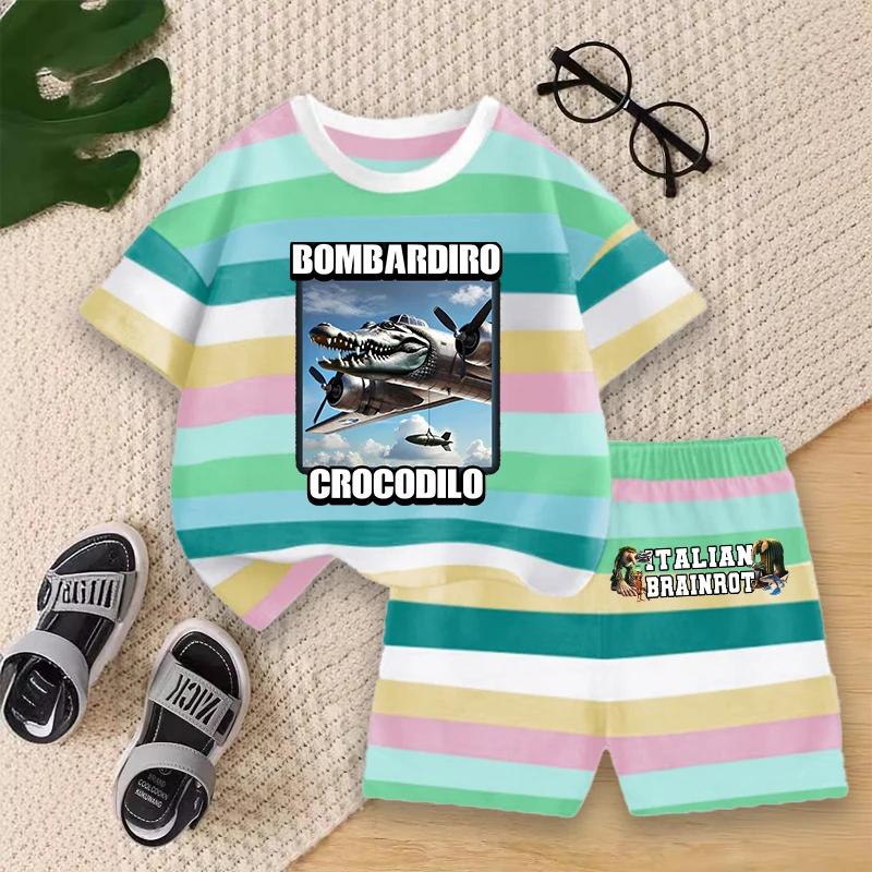 Boys Summer Striped Outfit Set Kids Cartoon Animal Print Short Sleeve T-shirt and Shorts for Play Outdoor