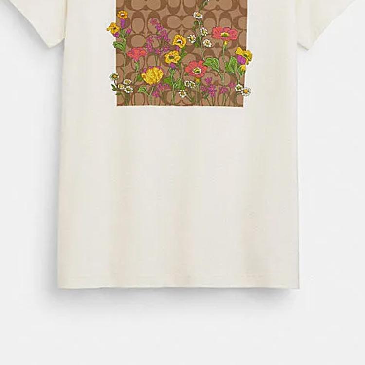 Coach Ss24 Logo Floral Print Round Neck Short Sleeve T-Shirt Women Tops White CQ777-WHT