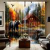 Autumn Forest Bear Moose Cabin Curtain Panels, Lake Mountain Wooden House Wild Animal Digital Print Drapes for Lodge Home Decor