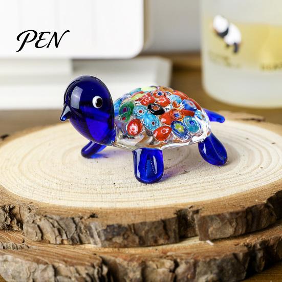 Crystal Glass Art Piece Hand Blown Millefiori Turtle Figurine, Mini Colorful Tortoise Statue, Cute Desktop Decoration Cartoon Sea Tabletop Ornament