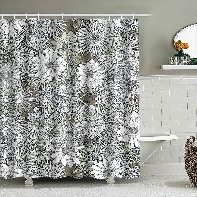 Modern Floral Shower Curtain Set Black White Abstract Design For Bathroom Decor Bath Tub Coverings Decoration Accessories Home I