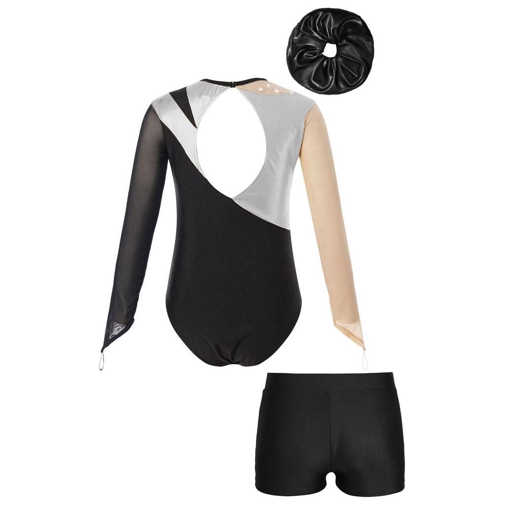 Girls Dance Competition Set Mesh Long Sleeve Leotard Keyhole Back V Front Waistband Performance Shorts
