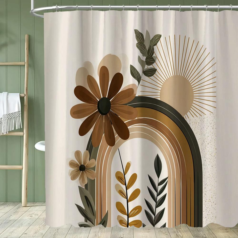 1Pc Abstract Tropical Leaf Printed Waterproof Shower Curtain With 12 Hooks, Bathroom Divider, Bathroom Decor Window Curtain