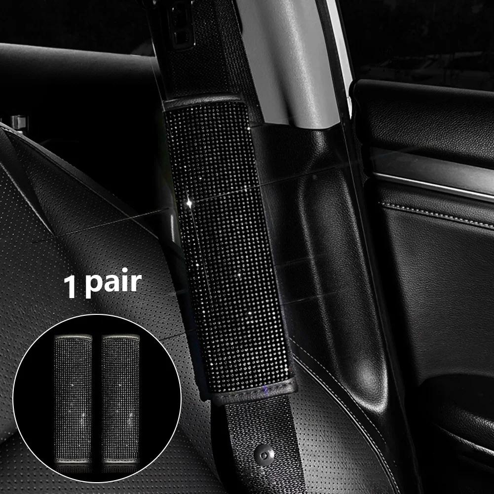 2PCS Bling Rhinestone Crystal Universal Car Seat Belt Pads Cover Soft Comfort Plush Shoulder Strap Harness Pad for Car Bag 2Pack