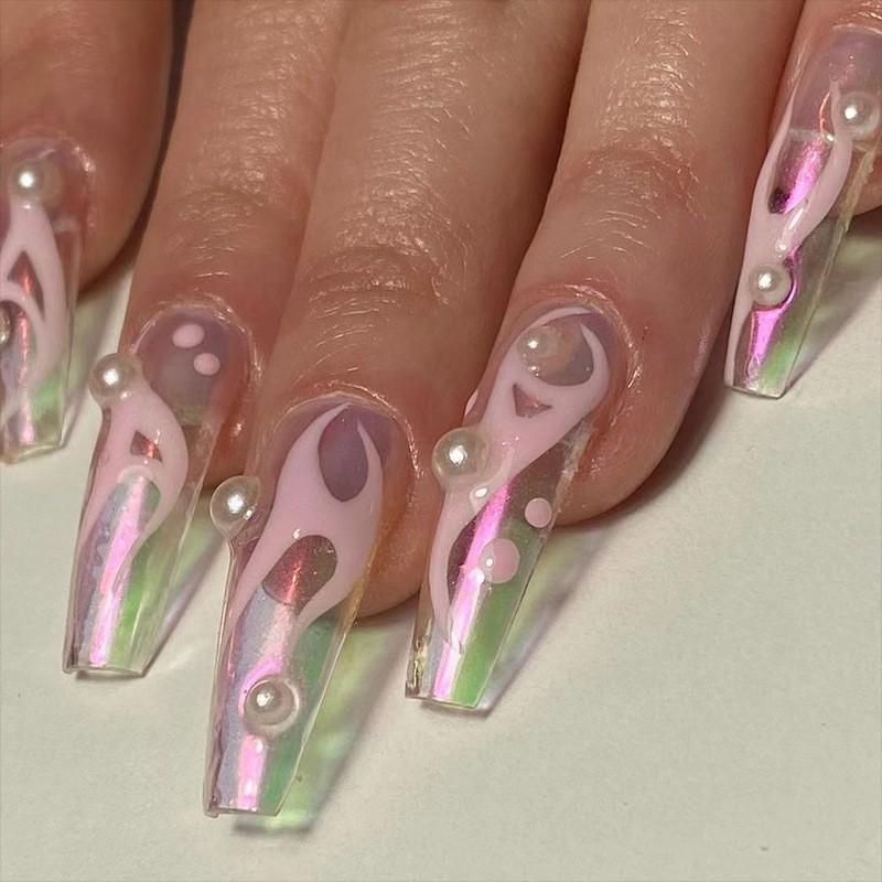 

Wearing Long Fake Nails Aurora White Flame Pearl Nail Art Pieces Finished Product Detachable