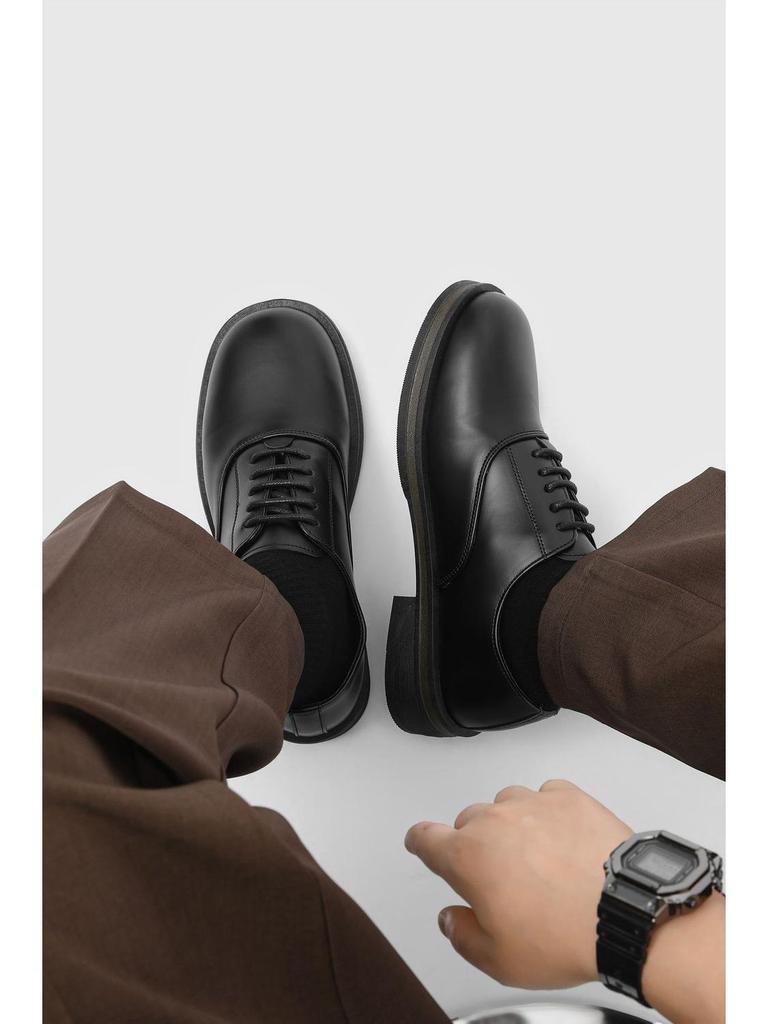 Men's Black Genuine Leather Derby Shoes - High-End, Round Toe, Formal/Casual, French/Japanese-Inspired.