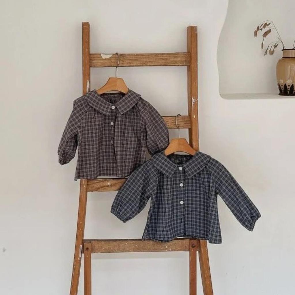 Kid's Retro Plaid Lapel Shirt, 2026 Spring/Summer Unisex Pure Cotton Casual Top