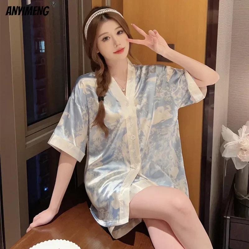 

Роскошная шелковая пижама Кимоно Ice Silks Женская пижама Комплект Летнее кимоно V-образный вырез Лацкан Домашние костюмы Повседневная домашняя одежда Сексуальная ночная рубашка 3XL