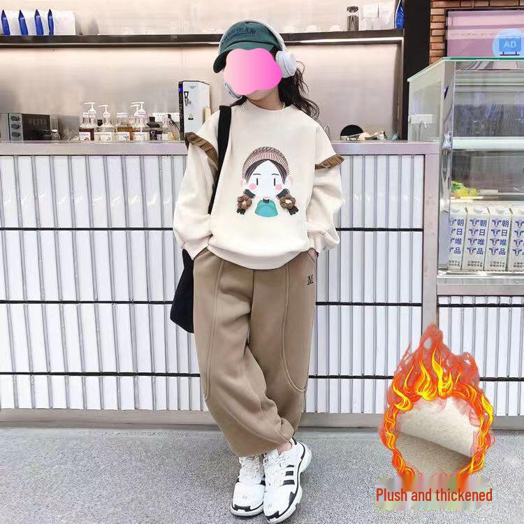 

Комплект спортивного свитера на бархатной подкладке для девочек 2024 года — стильный комплект из двух предметов на осень/зиму для подростков 150