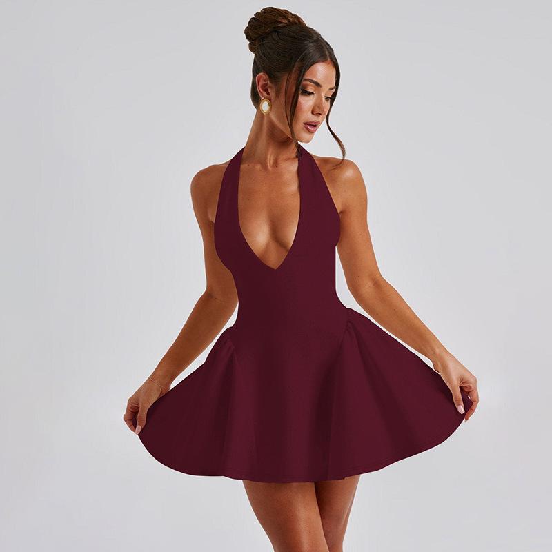 European and American Deep V Neck Halter Dress Summer New Solid Color Sleeveless Waist Slimming Dress