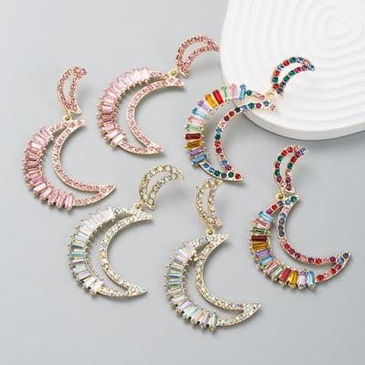 Damen Retro Lange Hängeohrringe Titanstahllegierung Anhängerohrringe Acryl Bunte Kristall Mondform Geometrische Ohrringe