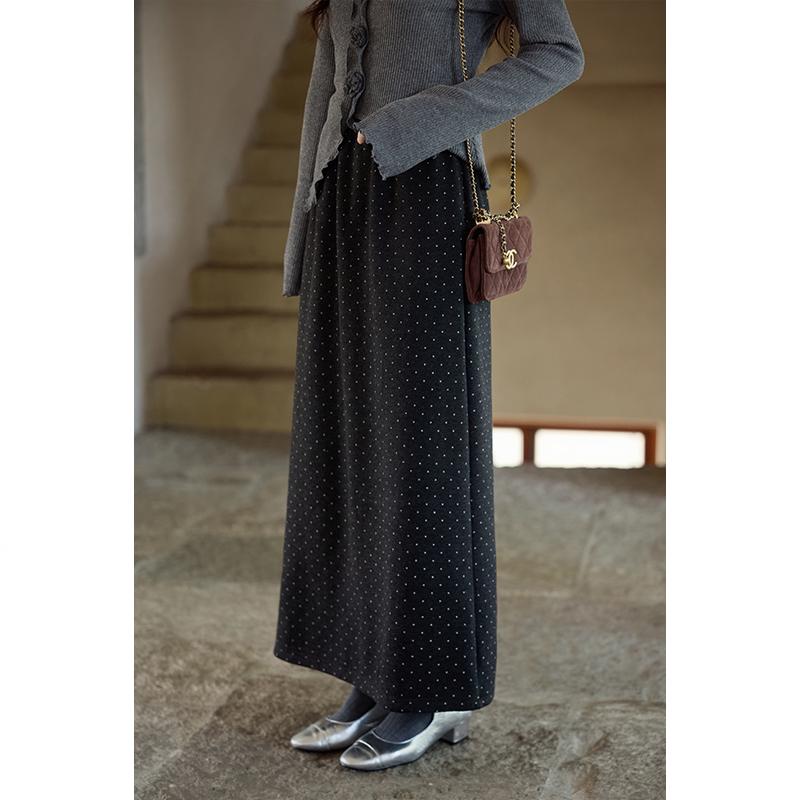 Yimeng 2025 Elegant Deep Gray Polka Dot High-Waisted Midi Skirt - Korean Autumn Style Large