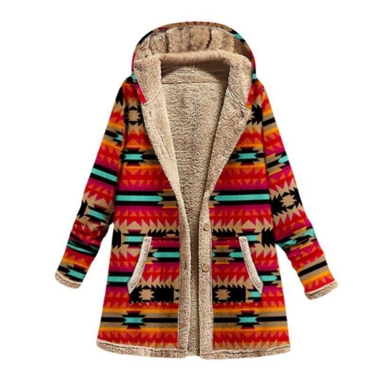 Hooded Jacket Women Plus Size Loose Long Coat Warm Fleece Retro Printed Outwear Pockets
