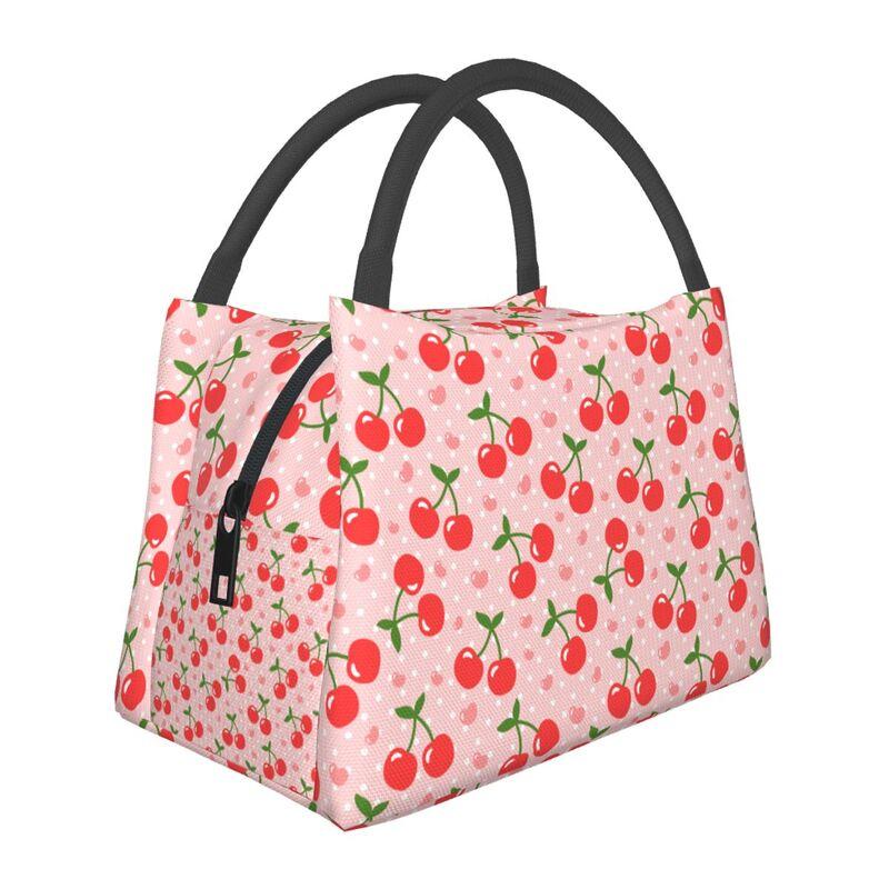 

Red Cherry Pink Hearts Thermal Lunch Bag Portable Insulated Cooler Bento Bag for Picnic Work Travel Reusable Packed Lunch Box
