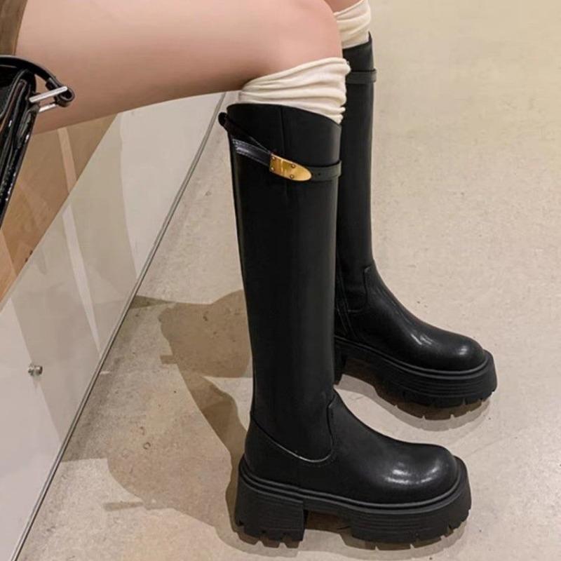 

Женская обувь 2024 Осень Зима Новые Ботинки до колена на массивной платформе и толстом каблуке Высококачественные черные ботинки-рыцари с высоким голенищем 40 чёрный