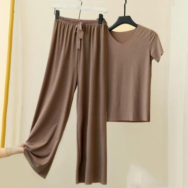 2Pcs Set Womens Pajamas Ice Silk Seamless Soft Breathable Homewear Short Sleeve Top and Elastic Waist Wide Leg Pants Solid Color Loose Lounge Set