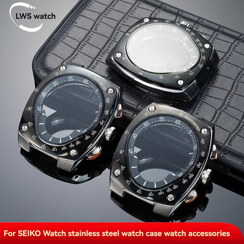 For Seiko Sportura Series SNL017 7L22 SNA595 Watch Stainless Steel Case Modification Black Scale Ring with Glass Lense Shell