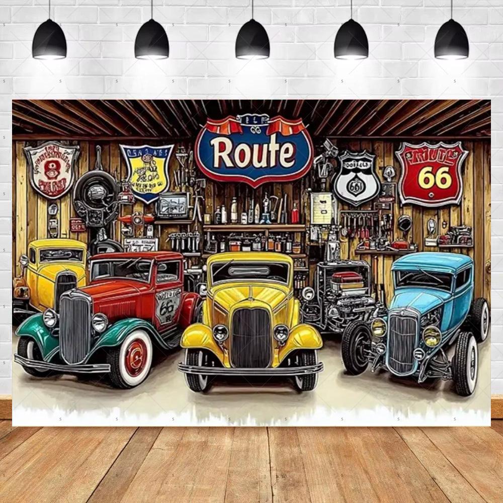 Bannière de Fond de Voiture Chaude Vintage Décoration de Fête Toile de Fond de Garage Classique Fournitures Style Industriel Pneu Outil Accessoire de Photographie