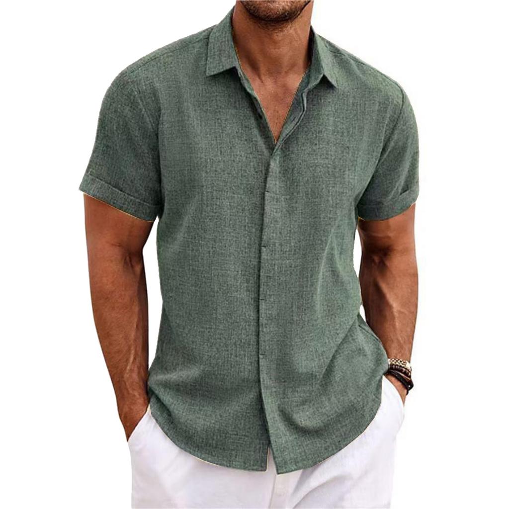 Men's Casual -color Loose Short-sleeved T-shirt Shirt - Men's Cotton And Linen Collar Short-sleeved Top