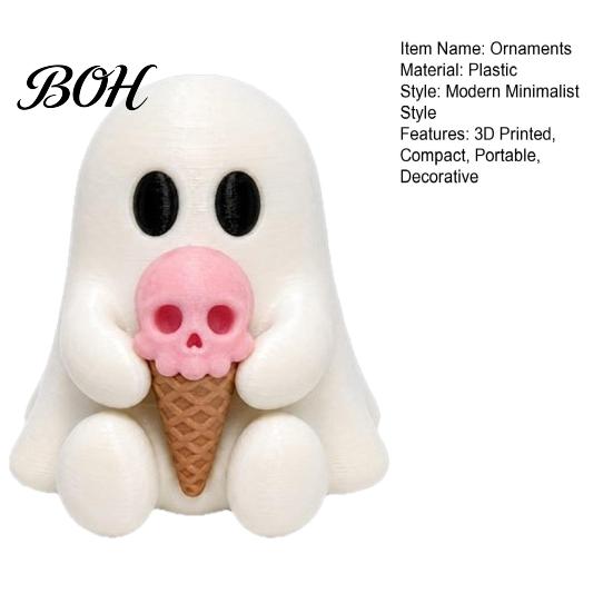 Decorative Skull Crafts Halloween Mini Ghost Figurine, 3D Printed White Statue with Personalized Gifts Pink Ice Cream, Cute Desktop Ornament for Home