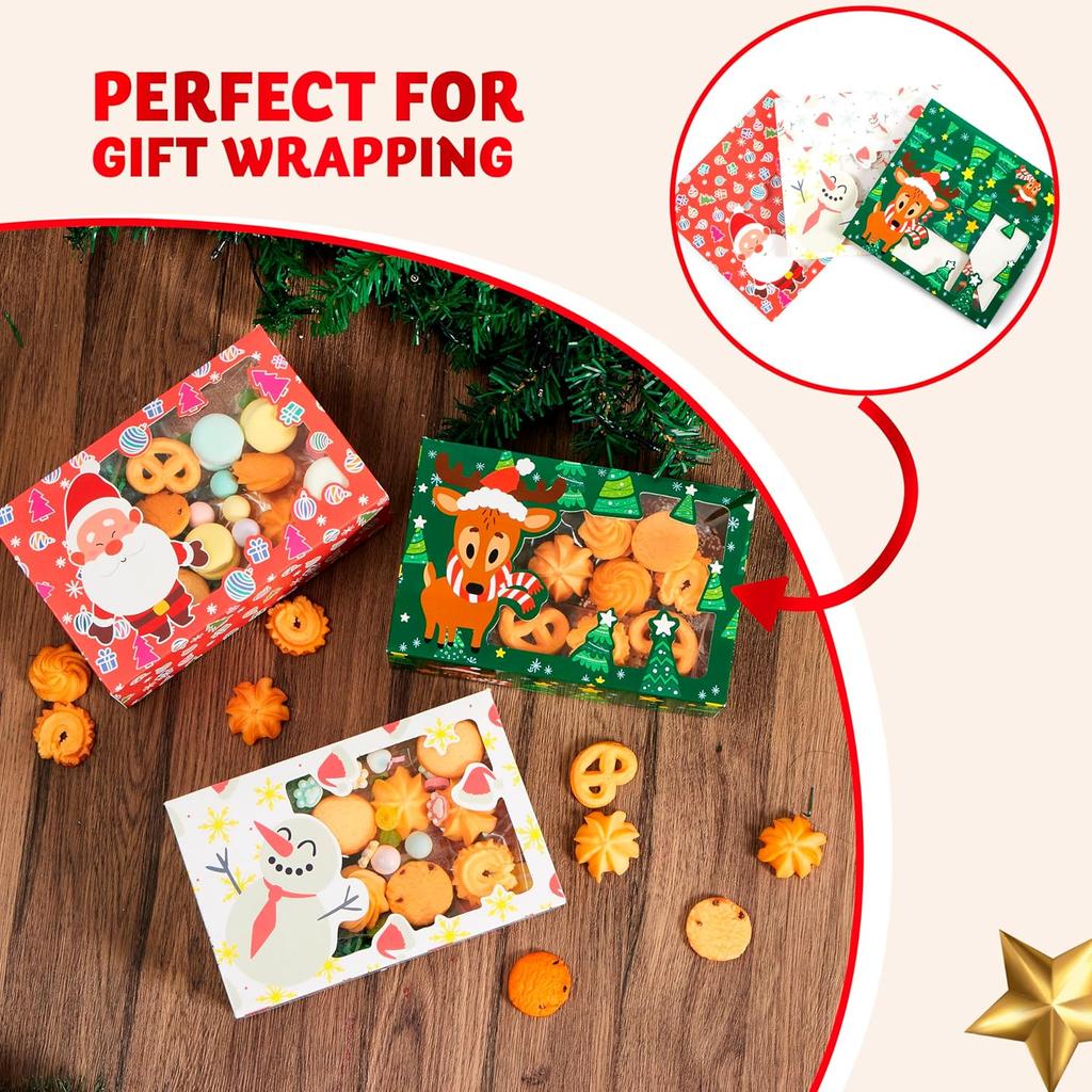 JOYFY 24 PCS Christmas Foil Treats Cookie Gift Boxes Colorful Pattern Bakery Box with Window for Xmas Holiday Birthday Party