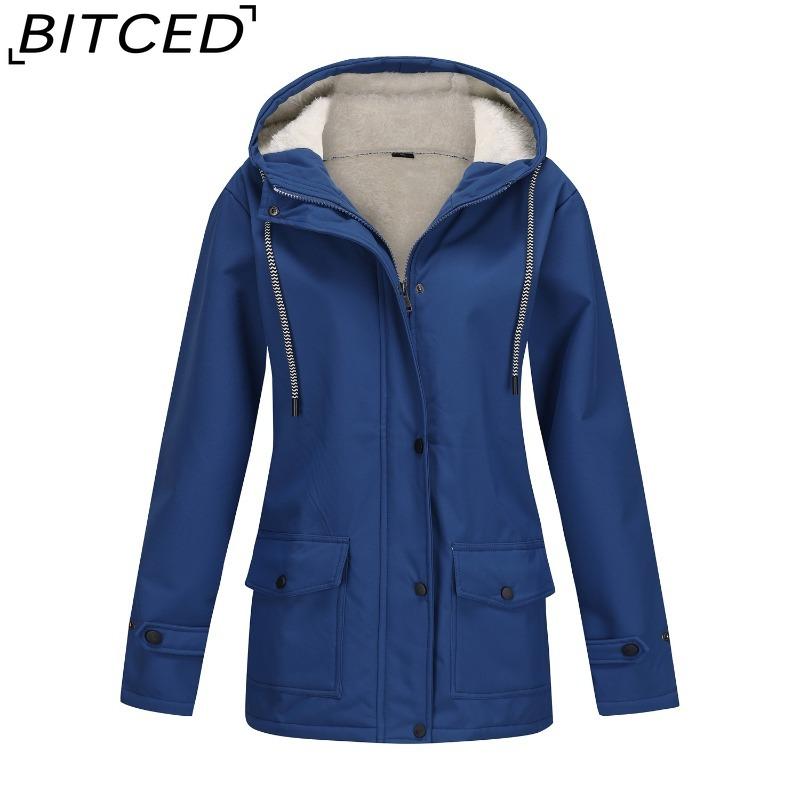 BITCED Women's Spring/Autumn Hooded Trench Coat with Fleece Lining and Water-Repellent Finish Long-Sleeved Zip-Up Cardigan