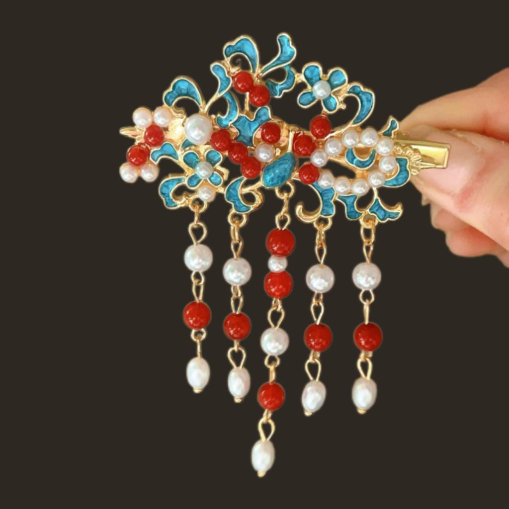 Elegant Blue Cloud Pearl Hairpin with Tassel