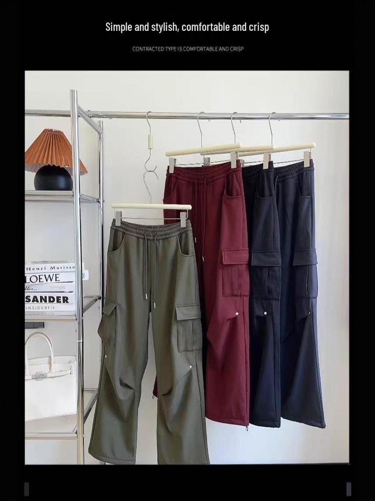 Damen Hochwertige Lässige Cargohose: Herbst/Winter-Stil, mit Plüschfutter, lockere Passform, gerades Bein, mehrere Taschen, Kordelzug, Polyester.