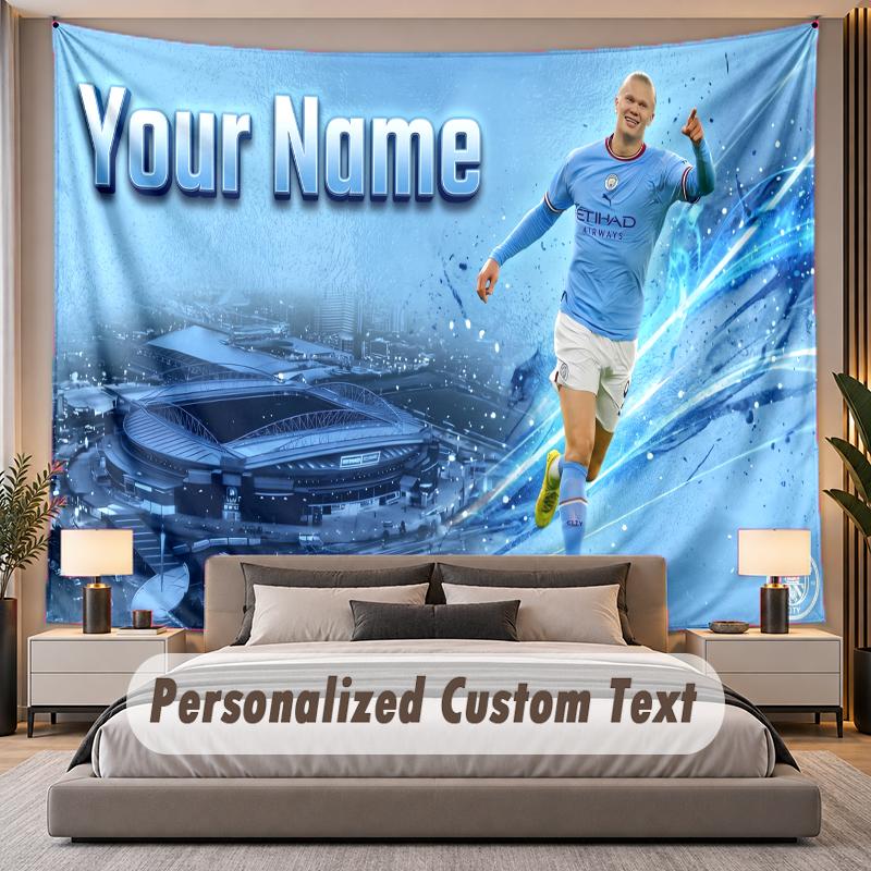 Custom Name Text Tapestry Erling Haaland Personalized Polyester Wall Tapestry For Bedroom And Room