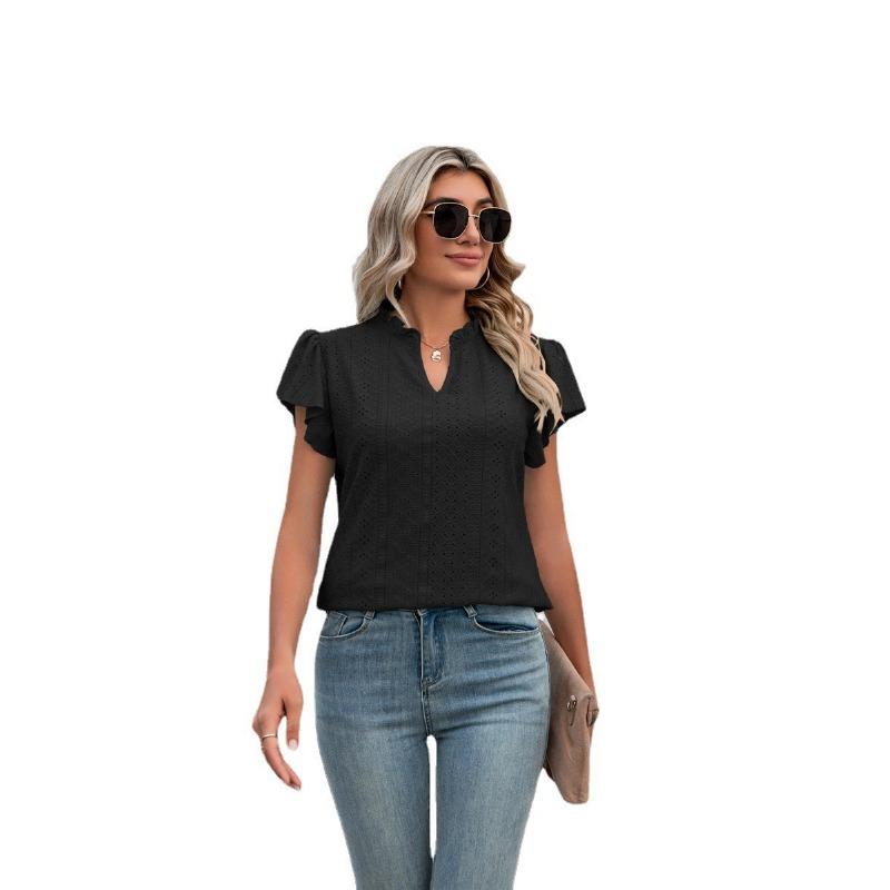 Camiseta de Verano para Mujer Cuello en V Manga Corta con Volantes Top Holgado de Manga Corta