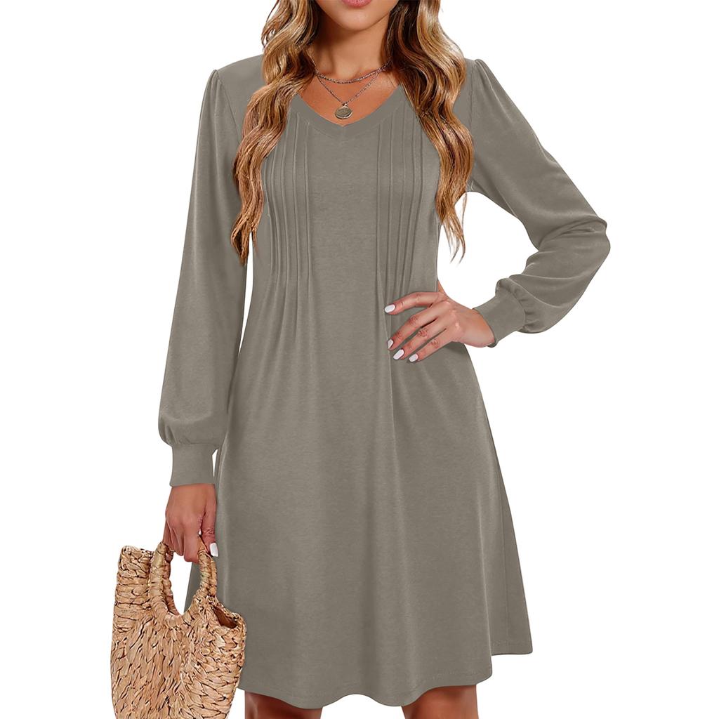 Women's Color Casual Fashion V-neck Long Sleeved Mid Length Dress