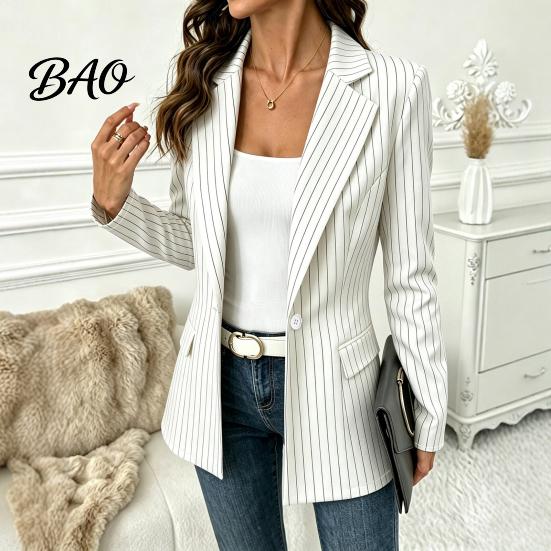 Giacca Casual da Donna a Righe con un Bottone, Giacca Traspirante da Lavoro Business Slim Fit, Cappotto a Maniche Lunghe con Collo a Lancia per l'Autunno