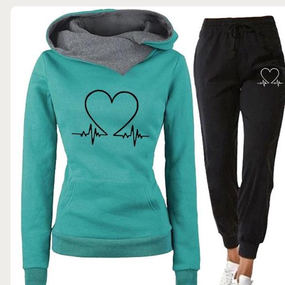 Women's Heartbeat Print Hoodie & Sweatshirt Set - Casual Sportswear for Spring & Autumn