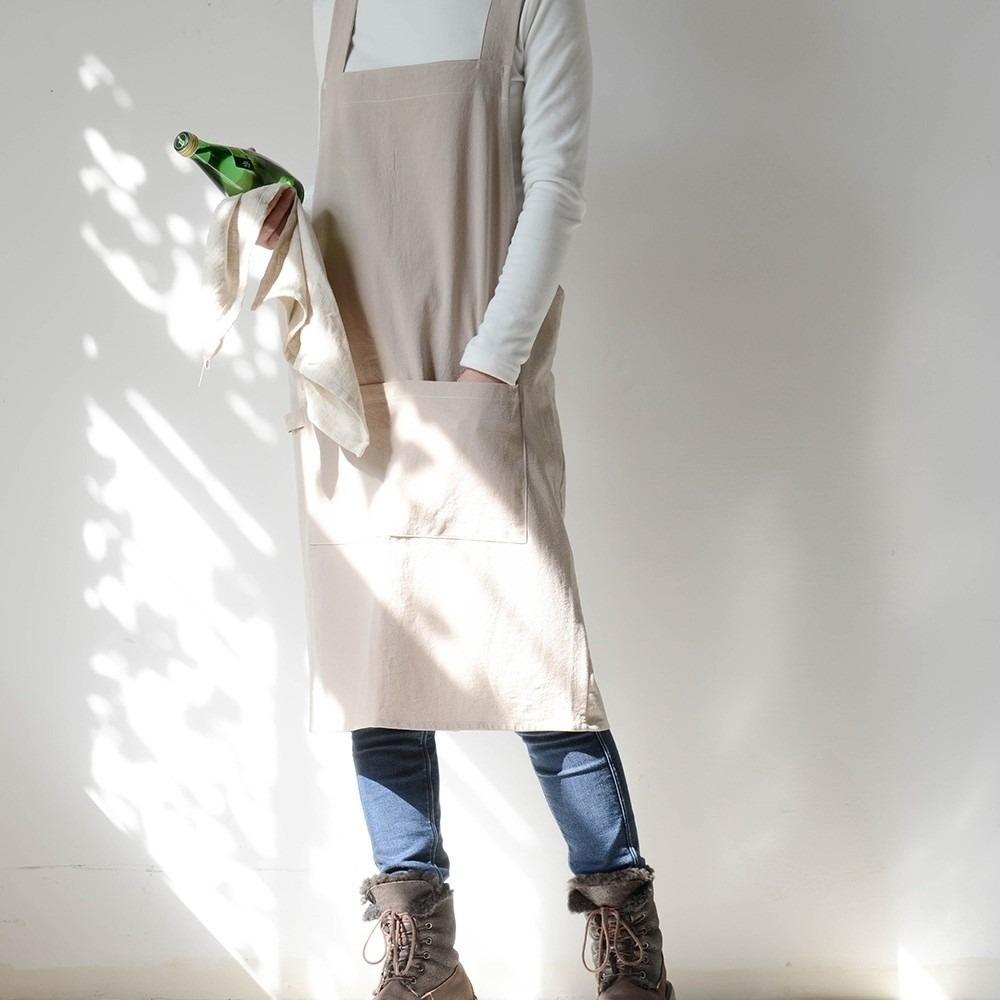 Solid Color Japanese Minimalist Kitchen Apron Cotton Household Waterproof Apron  Restaurant