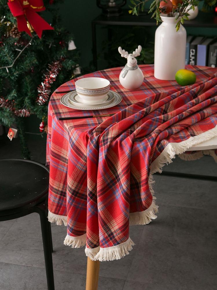 Tablecloth Plaid Christmas Day Table Cloth American Cloth, Round Tassel Suitable for Holiday Dining Rooms, Living Rooms, Family Gatherings