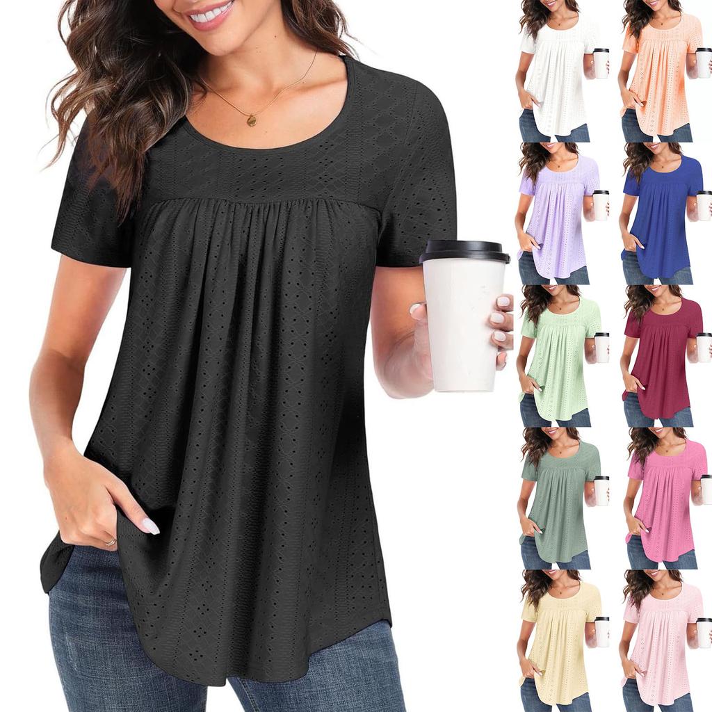 Women Casual Hollow Out Short Sleeve T Shirt Round Neck Loose Fit Lightweight Breathable Summer Top