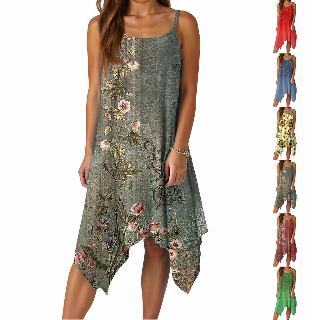 Women's Summer Casual Print Round Neck Adjustable Suspender Dress With Pockets