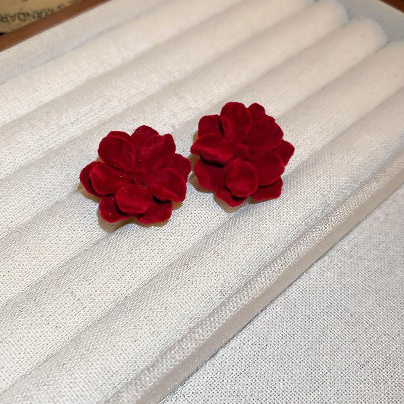 Flocking red bow earrings autumn and winter new niche versatile earrings fashionable elegance temperament earrings women