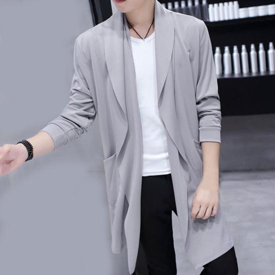 Men Trench Windbreaker Large Neckline Solid Color Slim Mid-length Draping Overcoat Outwear Cloak Streetwear