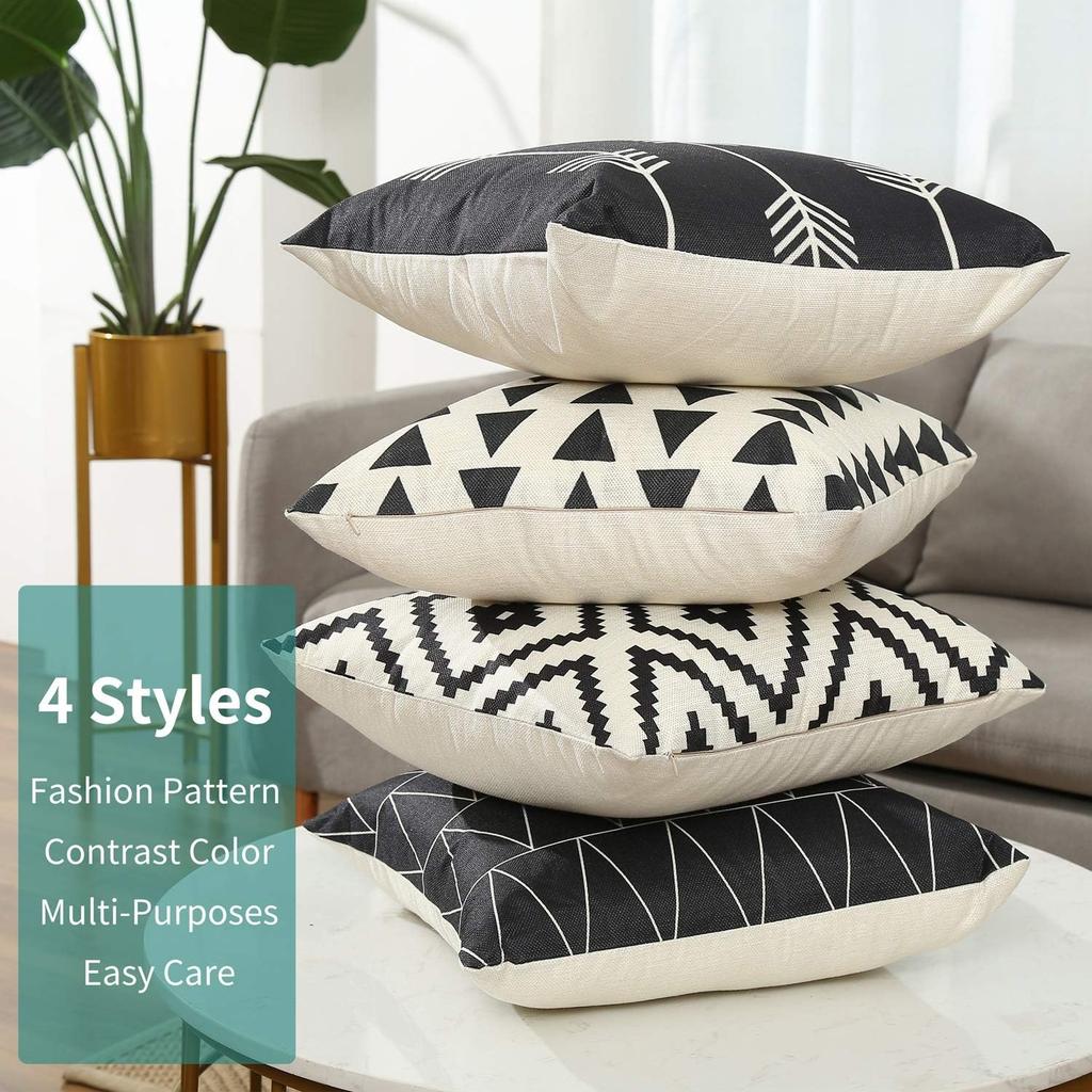 Set aus 4 dekorativen geometrischen Kissenbezügen - Modernes Muster Leinen Quadratische Kissenhülle für Sofa Couch