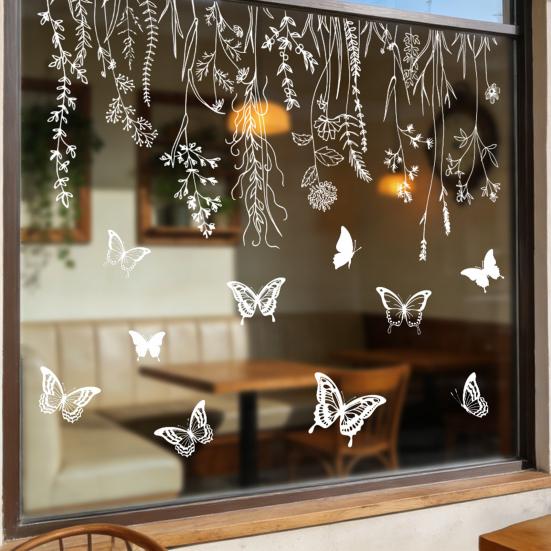 Bird Deterrent Window Clings White Spring Tree Branch Birds Hanging Vines Butterflies Static Glass Decals for Home Classroom Office Party Decoration