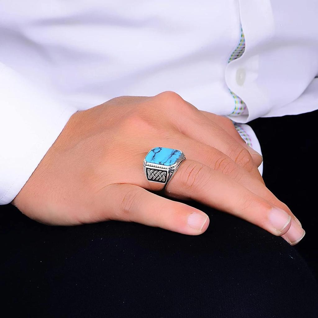 Vintage Turkish Handmade Ottoman Signet Ring For Men Women Ancient Silver Color Synthetic Turquoise Ring Retro Arabic Jewelry