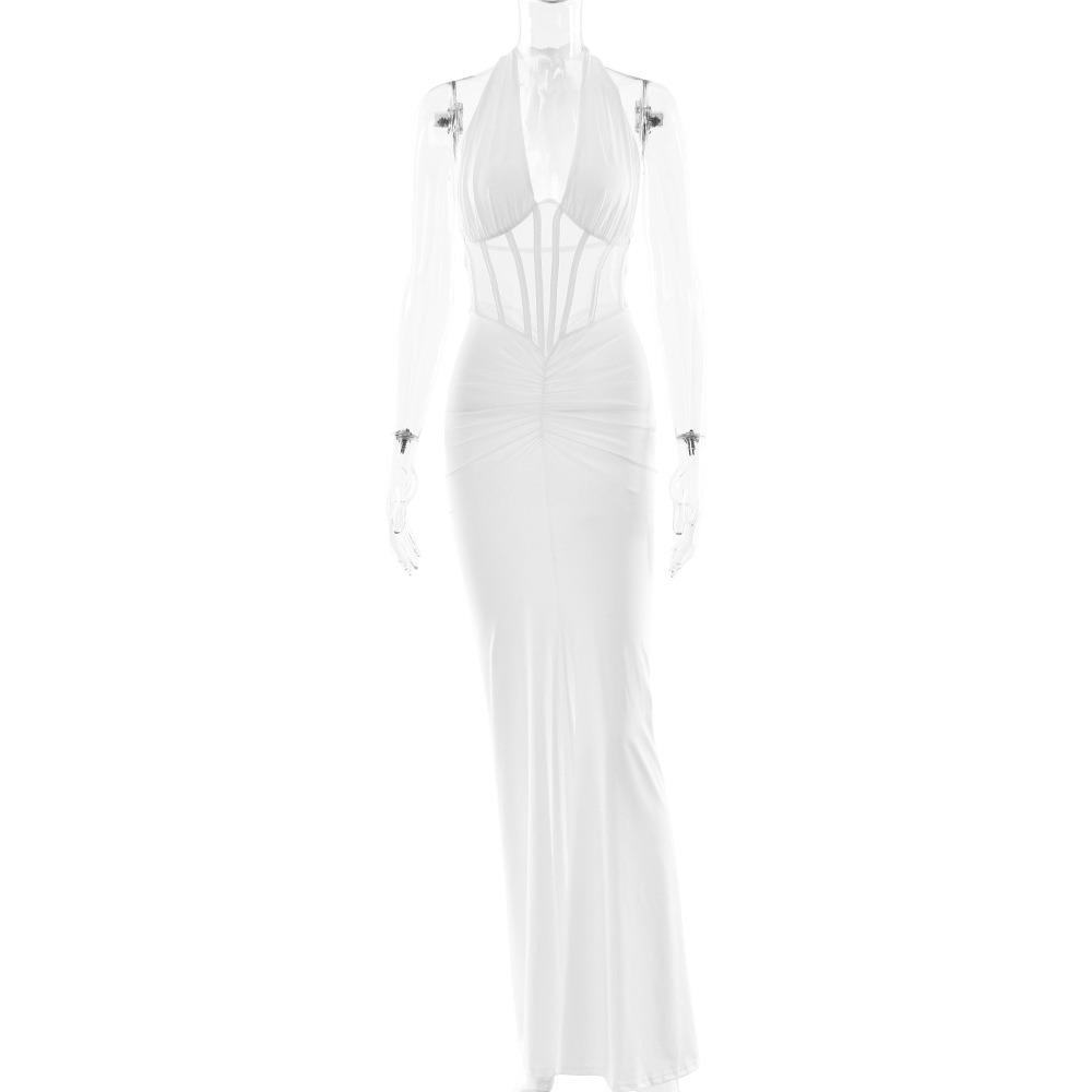Women's V Neck Sleeveless Maxi Dress Slim Fit High Waist Sexy Club Bodycon Dress Milk Silk Mesh Backless Ruched Tie Front Summer Party Long Dress