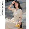 French V-neck Dress for Women, Super Beautiful, Waist Cinching and Slimming Short Sleeved Long Skirt