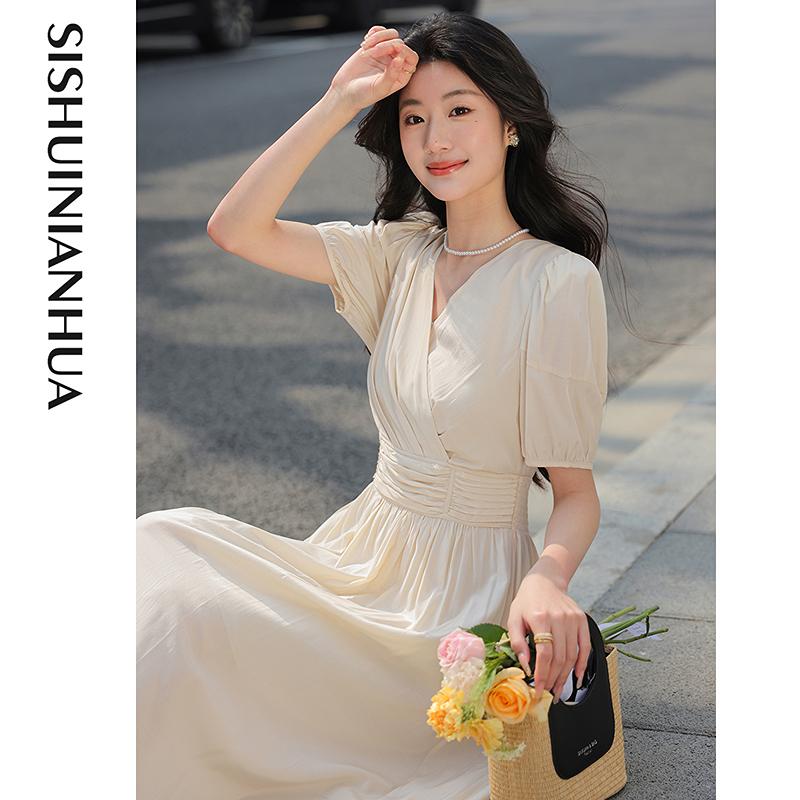 French V-neck Dress for Women, Super Beautiful, Waist Cinching and Slimming Short Sleeved Long Skirt