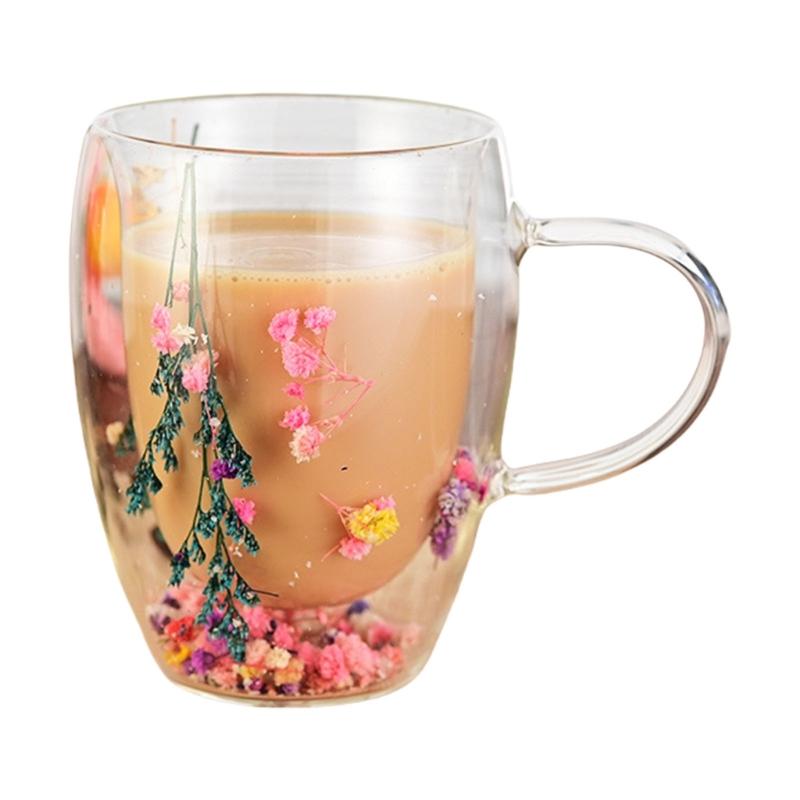 Элегантная двухслойная кофейная чашка, декоративная прозрачная посуда для напитков с сухоцветами, посуда из высокоборосиликатного стекла