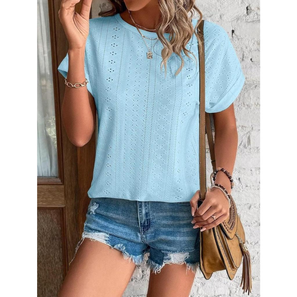 Top Eyelets Summer Spring Curved Hem, Casual Women's Short Sleeved Fashionable T-shirt Beach Vacation Short Style